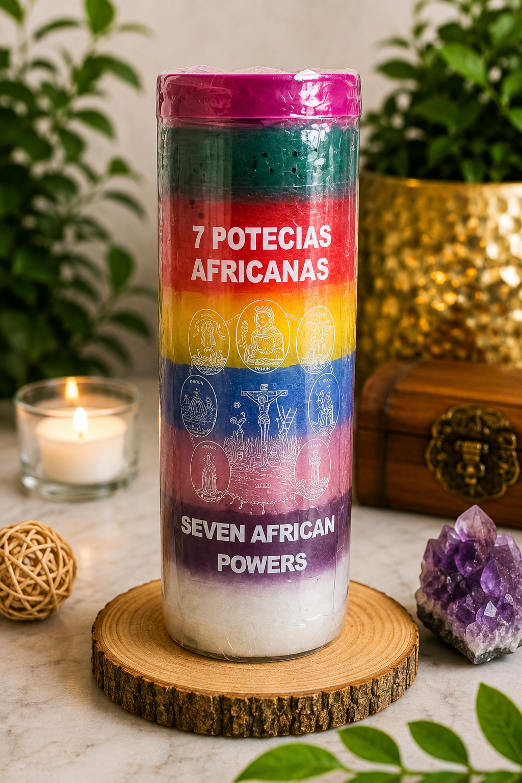 7 Potencias Africanas Fixed Candle – Seven African Powers Spiritual Candle for Protection, Strength & Blessings