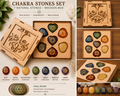7 Chakra Stones HEART Set with Wooden Storage Box – Polished Engraved Meditation Stones | Set de 7 Piedras de Chakras
