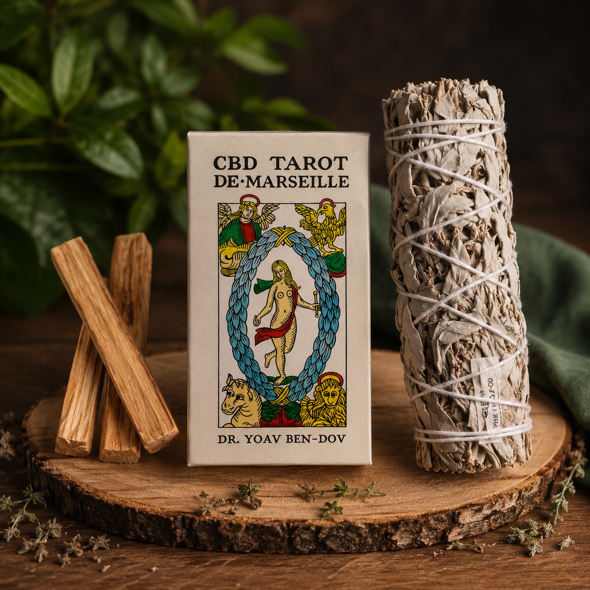 Tarot de Marseille Spiritual Cleansing Bundle – Tarot Deck, White Sage & 3 Palo Santo Sticks