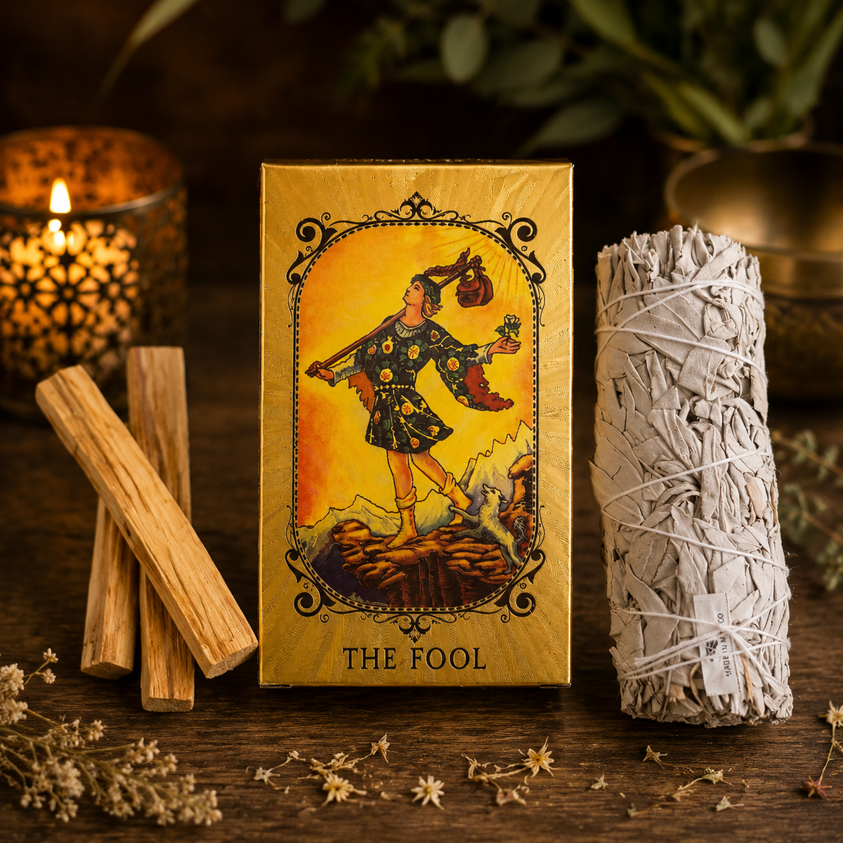 Golden Tarot Spiritual Cleansing Bundle – Tarot Deck, White Sage & 3 Palo Santo Sticks
