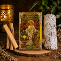 Golden Art Nouveau Tarot Spiritual Cleansing Bundle – Tarot Deck, White Sage & 3 Palo Santo Sticks