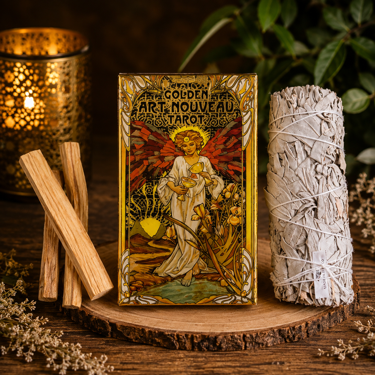 Golden Art Nouveau Tarot Spiritual Cleansing Bundle – Tarot Deck, White Sage & 3 Palo Santo Sticks
