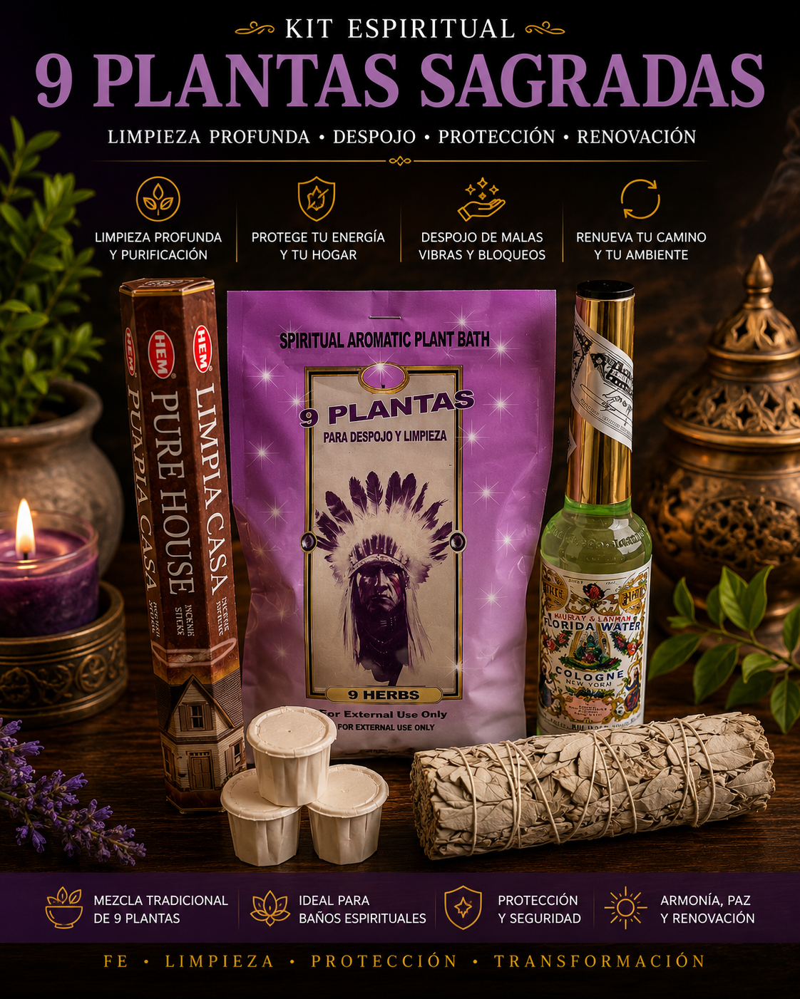 Kit Espiritual 9 Plantas – Limpieza Profunda del Hogar, Despojo, Protección y Renovación | 9 Herbs Home & Spiritual Cleansing Kit