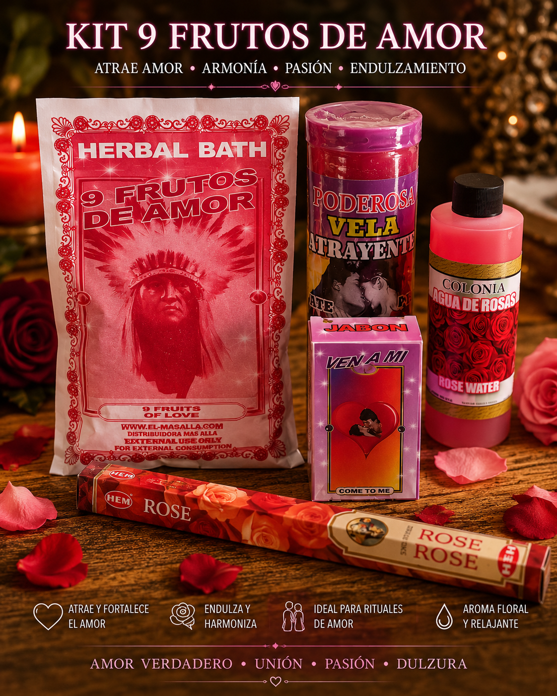 Kit Espiritual 9 Frutos de Amor – Amor, Atracción, Pasión y Armonía | 9 Fruits of Love Spiritual Kit