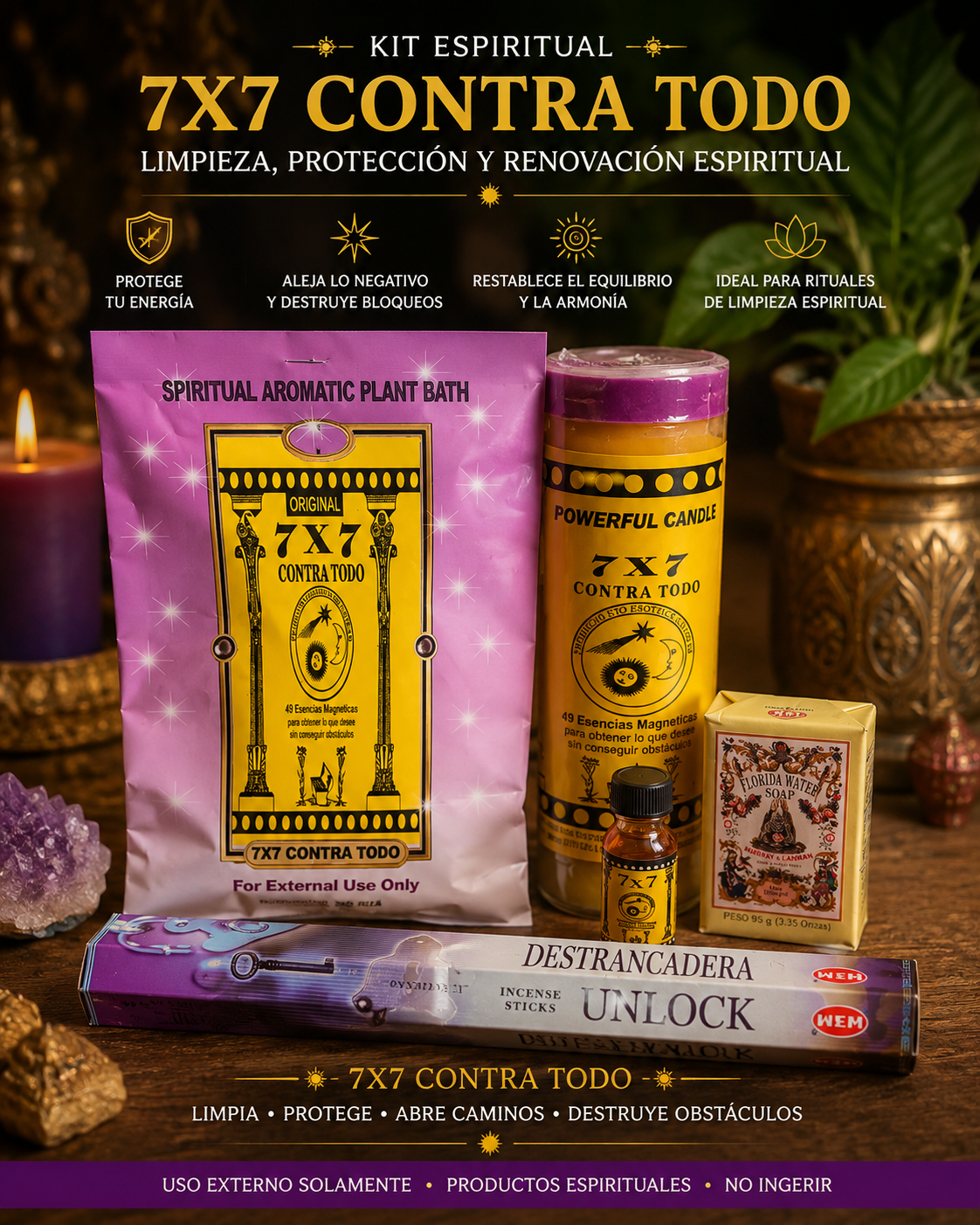 Kit Espiritual 7x7 Contra Todo – Limpieza, Protección y Abre Caminos | 7x7 Spiritual Protection & Cleansing Kit