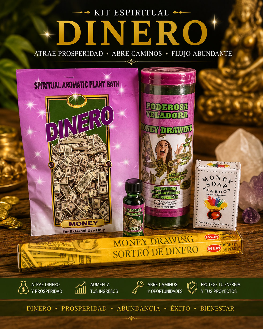 Kit Espiritual Dinero Dinero 5-5 – Prosperidad, Abundancia y Atracción de Dinero | Money Drawing Spiritual Kit