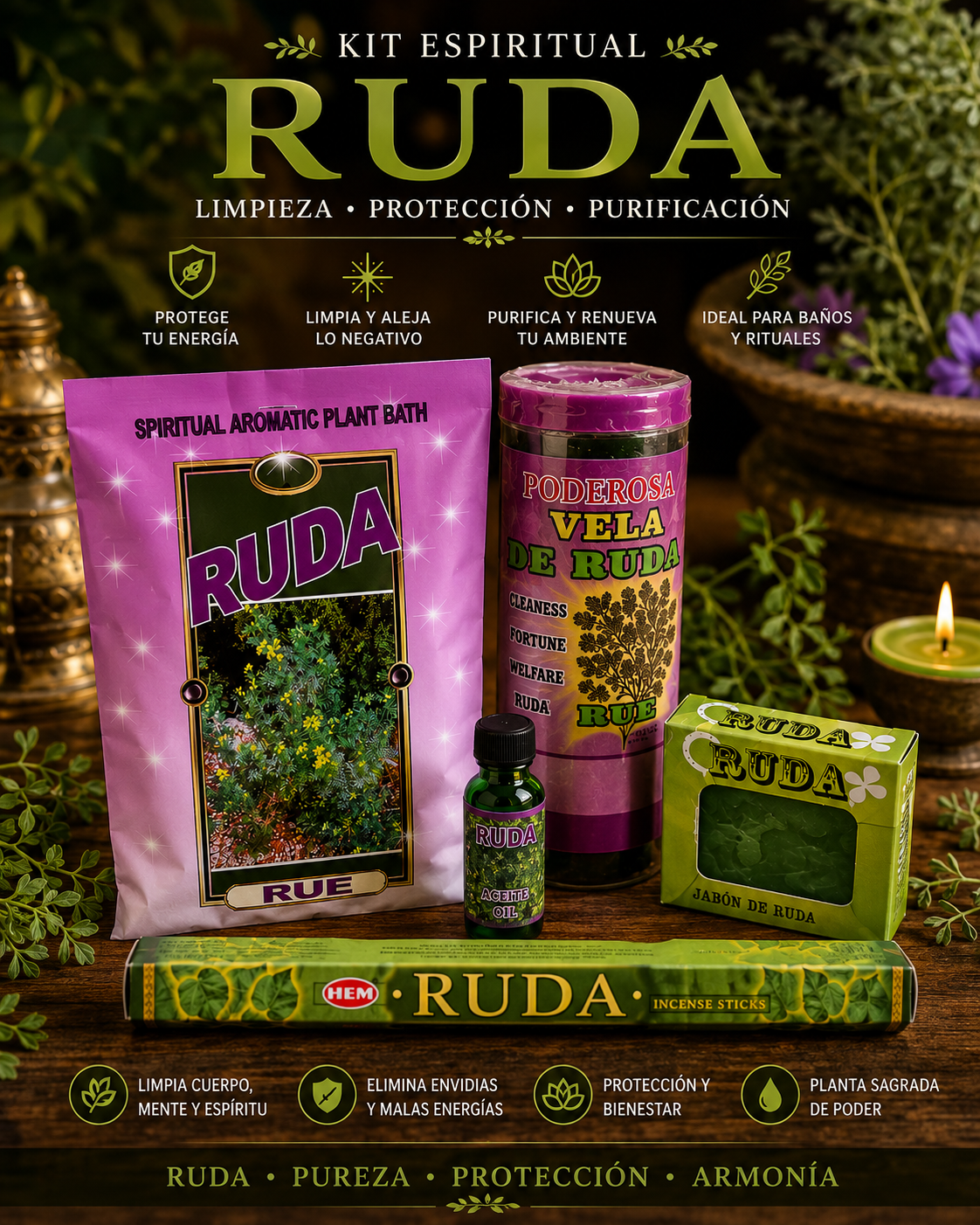 Kit Espiritual de Ruda – Limpieza, Protección y Purificación | Rue Spiritual Cleansing & Protection Kit