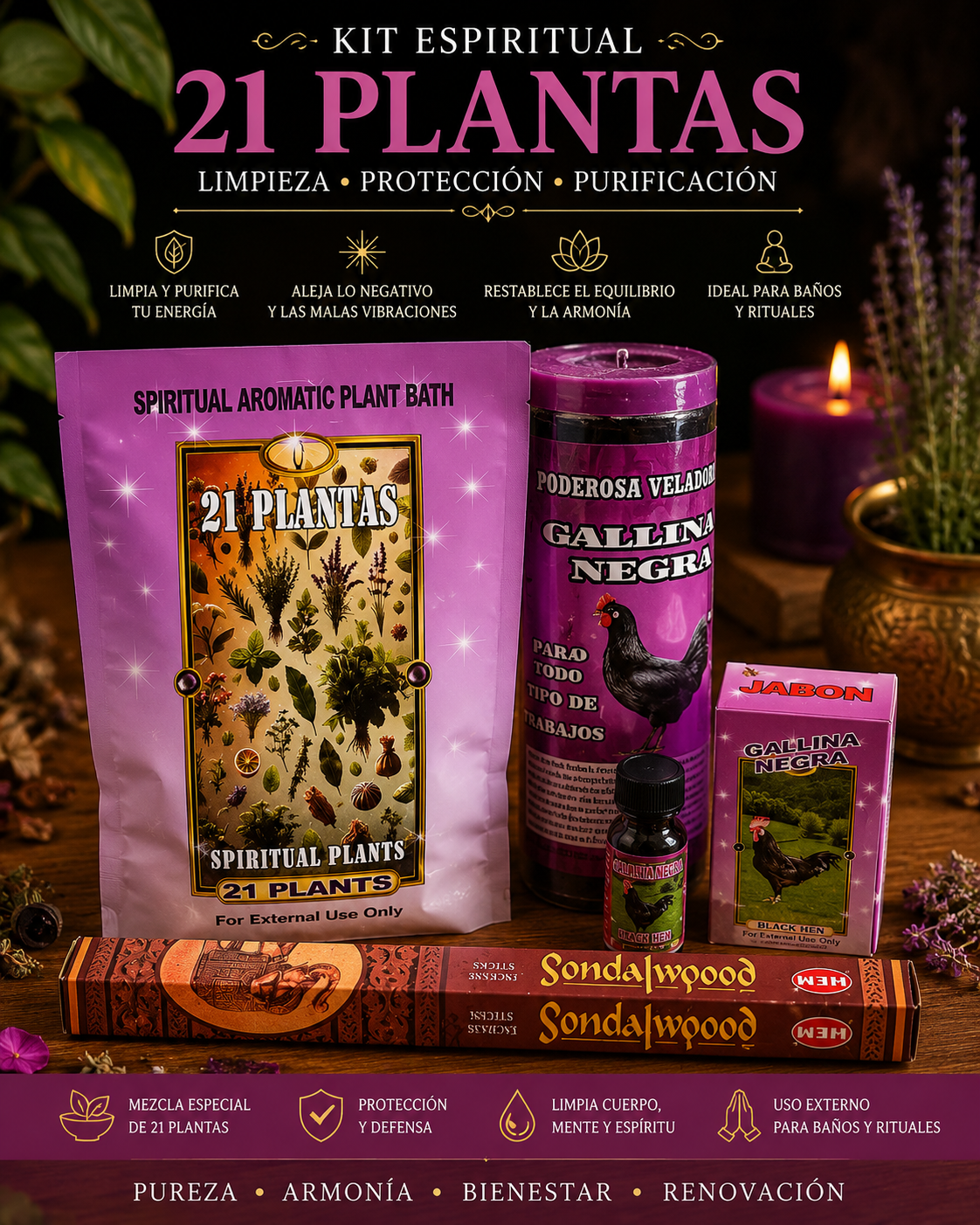 Kit Espiritual 21 Plantas & Gallina Negra – Limpieza, Protección y Purificación | 21 Herbs Spiritual Cleansing Kit