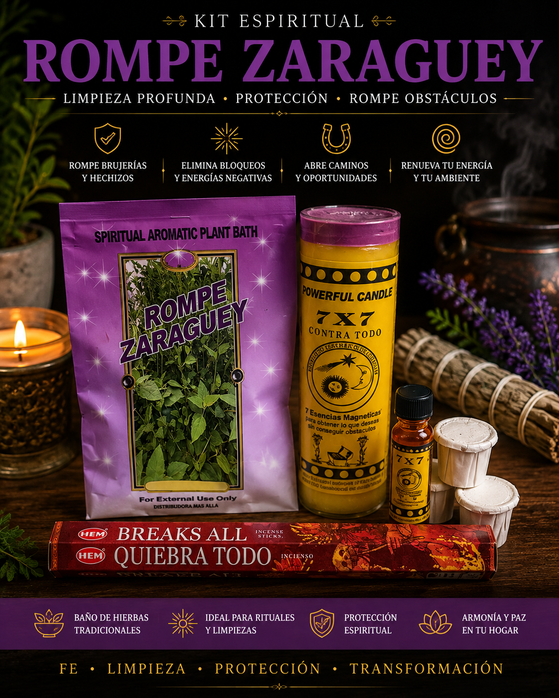 Kit Espiritual Rompe Zaragüey 7x7 – Limpieza Profunda, Protección y Rompe Obstáculos | Spiritual Cleansing & Protection Kit