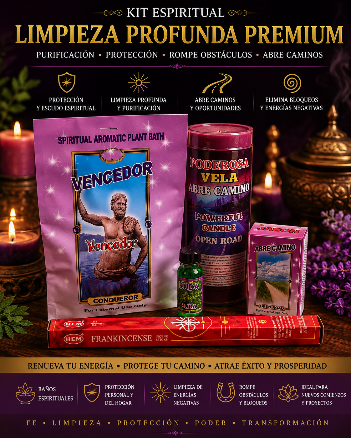 Kit Espiritual Limpieza Profunda Premium – Vencedor, Abre Caminos, Protección, Éxito y Renovación | Premium Deep Spiritual Cleansing Kit